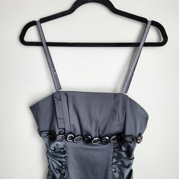 Gray Satin Cotton Blend Bodycon Ruched Waist Sleeveless Mini Dress - Picture 2 of 10
